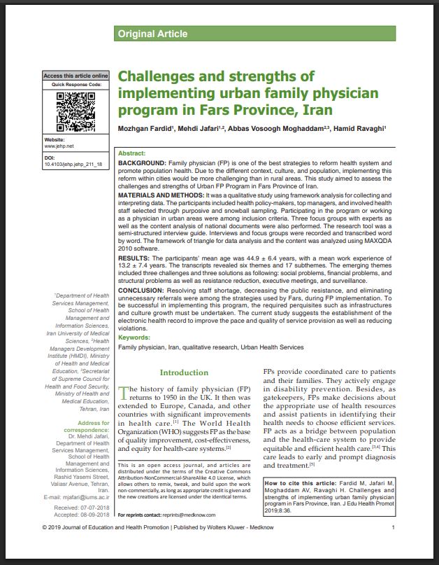 Dr M. Fardid et al. Challenges and strengths of implementing urban family physician program in Fars Province, Iran